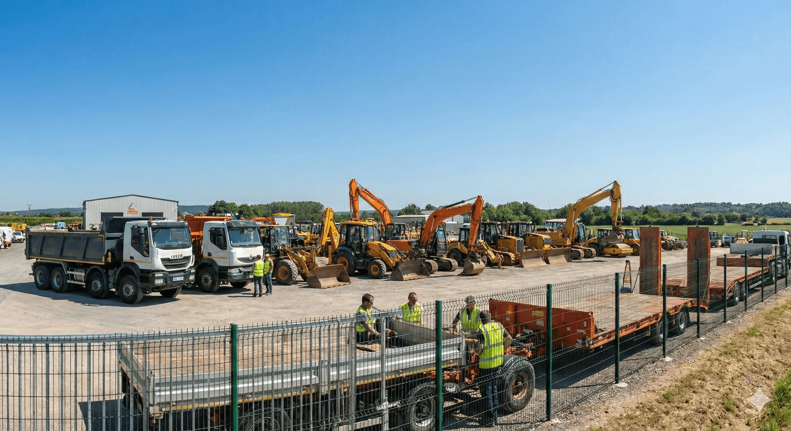 Engins de chantier et camions alignés pour la location professionnelle